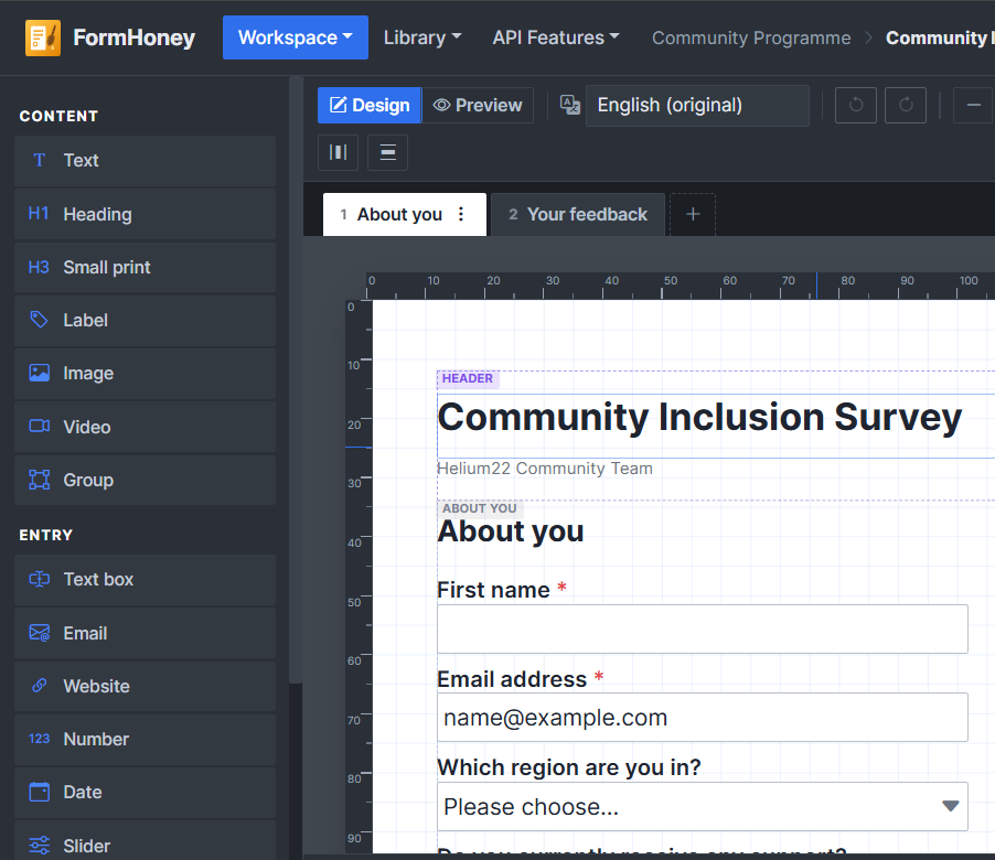 The Form Honey designer: controls down the left and an A4 page in the middle, with rulers along the top and side